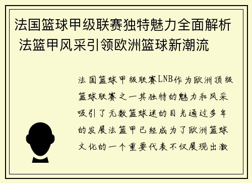 法国篮球甲级联赛独特魅力全面解析 法篮甲风采引领欧洲篮球新潮流