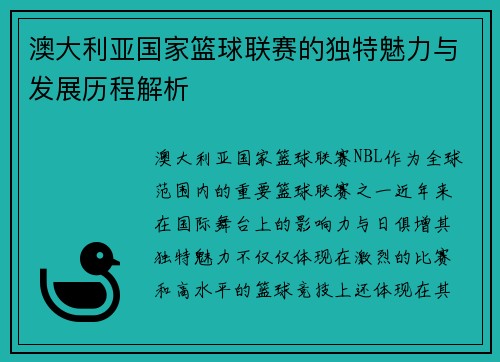澳大利亚国家篮球联赛的独特魅力与发展历程解析